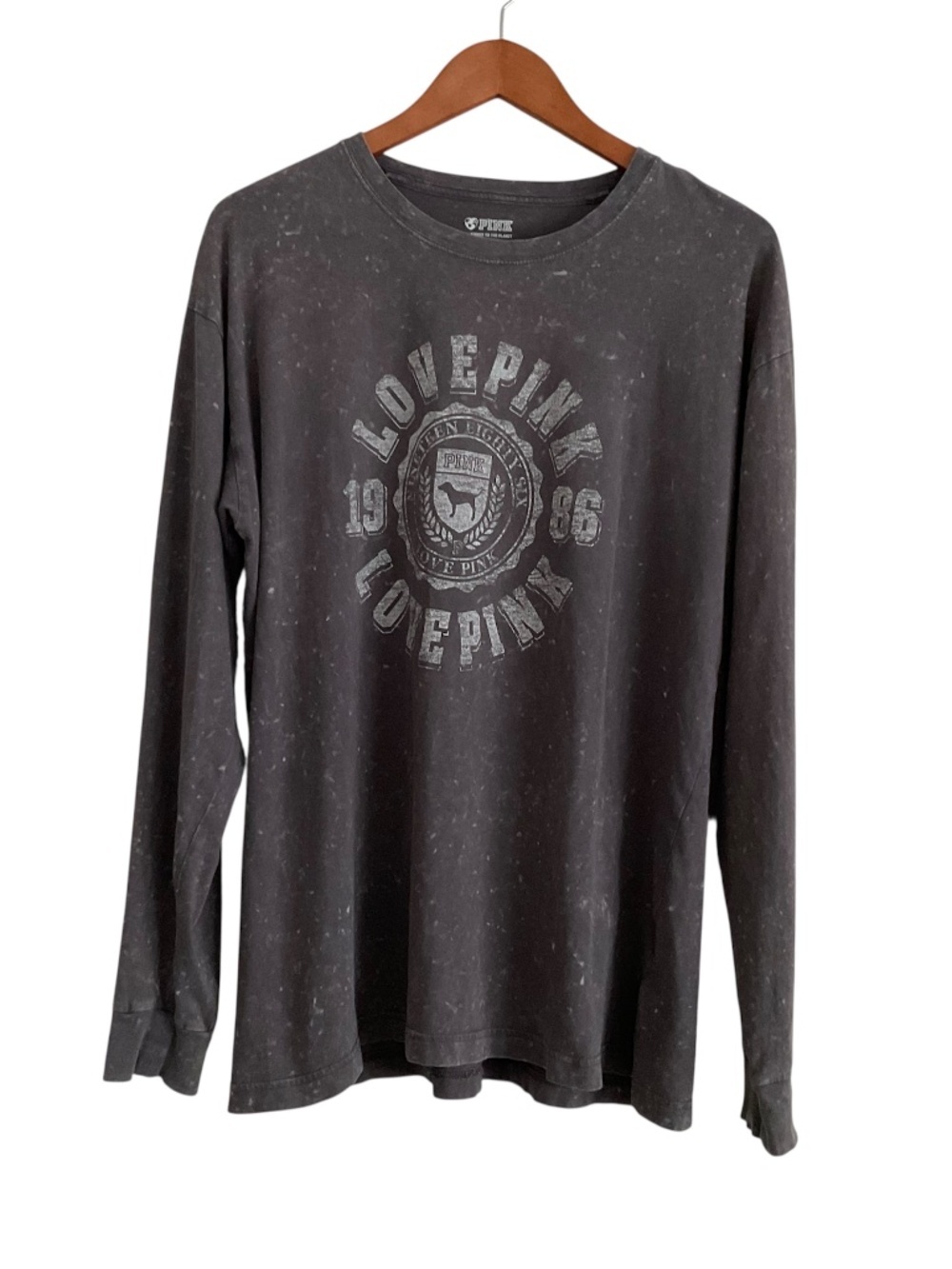Victoria's Secret Pink Long Sleeve Tee Sz M Gray Acid Wash Y2K Grunge Varsity